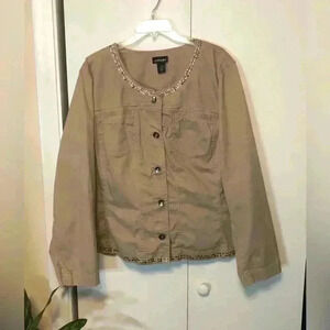 Lane Bryant Khaki Twill Jacket Size 28 Gold Silver Studs Button Front